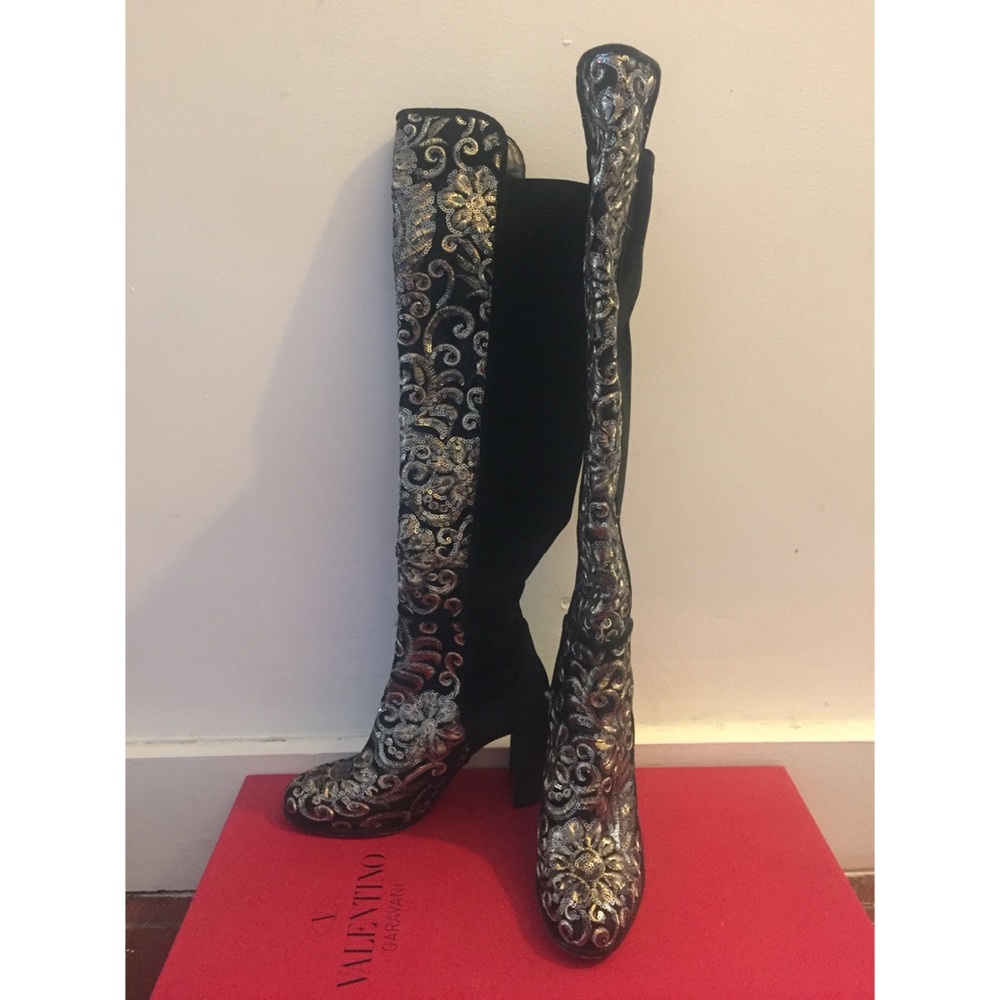 Stuart Weitzman Embellished Black Velvet Boots
